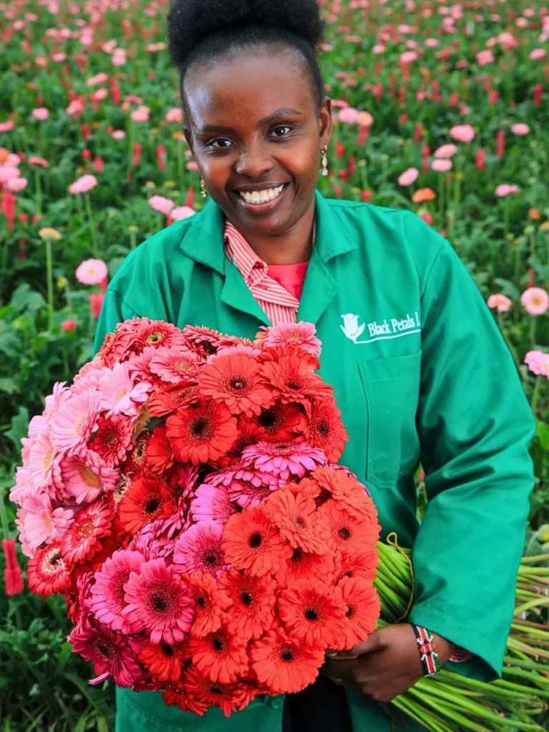 A woman in a green coat smiles while holding a vibrant bouquet of pink and red gerbera daisies in a flower field.