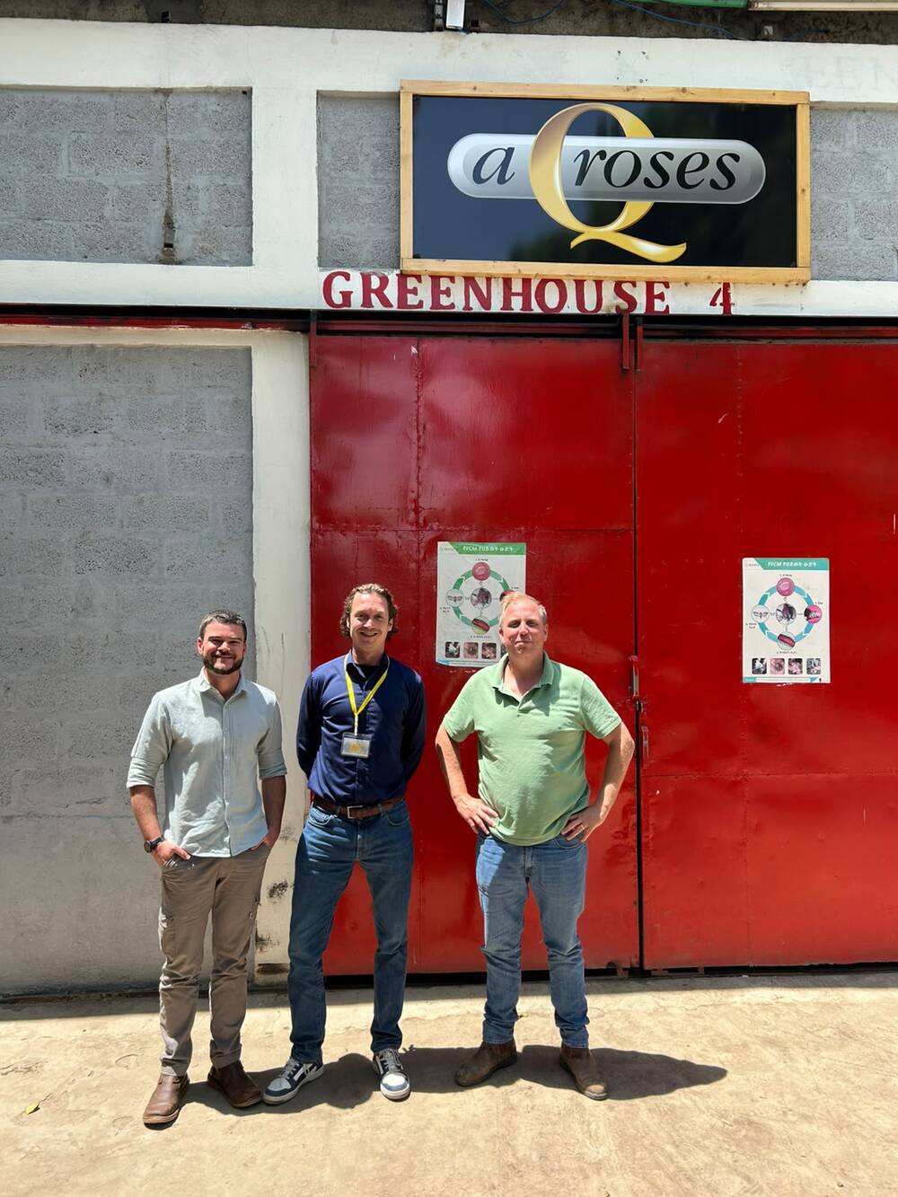 Three men stand in front of AQ Roses' Greenhouse 4, showcasing a transition from vegetable breeding to floriculture.